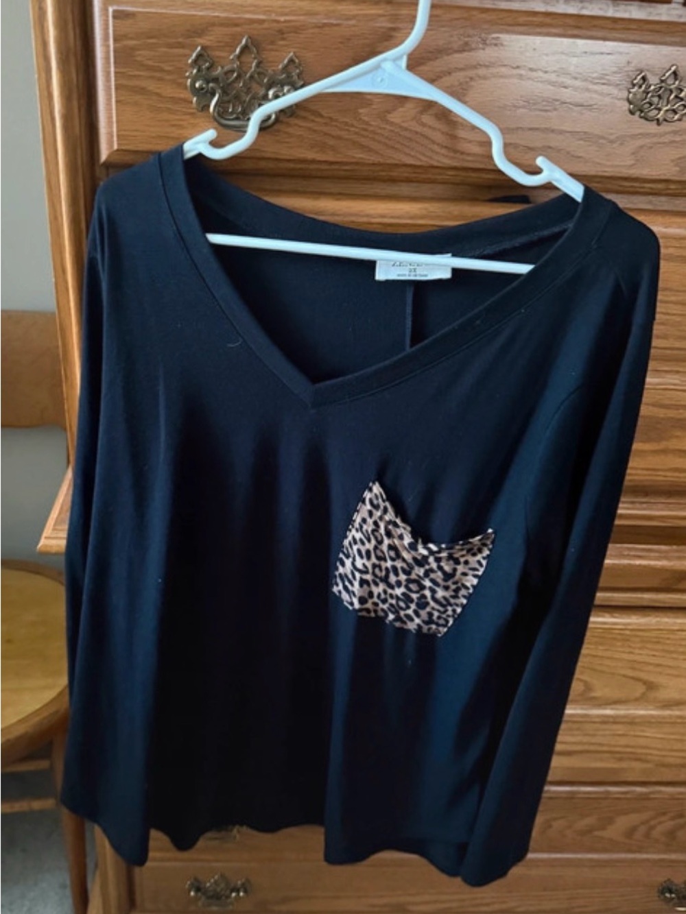 2X Zenana Black Long Sleeved Top with Cheetah Print Pocket Plus Size